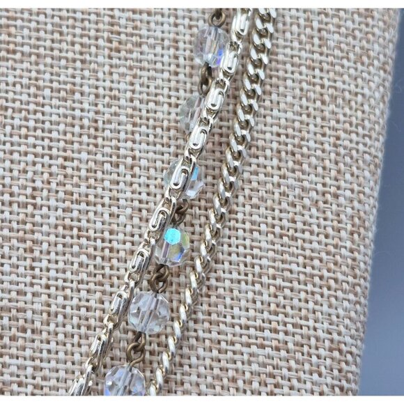 Multi Strand Necklace Clear AB Wash Beads Gold Tone Curb Chain & Snail Chain 55" - Picture 3 of 7